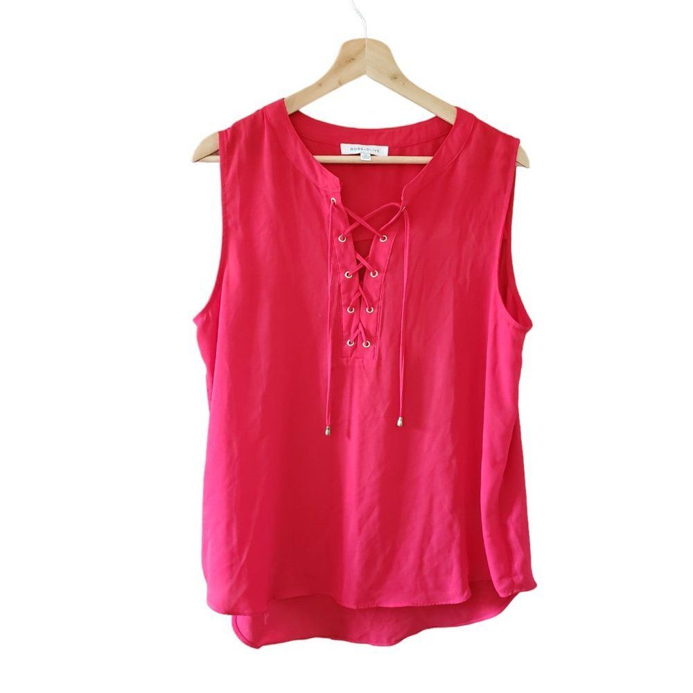 Rose+Olive Semi Sheer Blouse Top Sleeveless Red Lace Up Front Pullover Sz XL